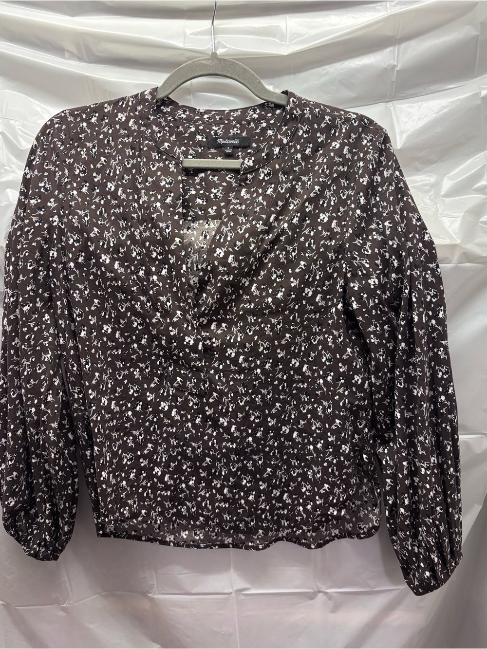 Madewell Brown Ditsy Floral V-Neck Balloon Sleeve Blouse Cotton Blend Size S